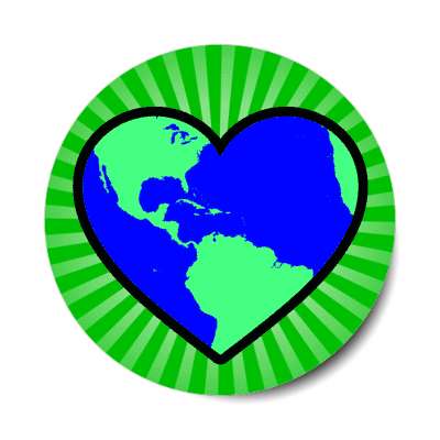 earth planet heart rays green stickers, magnet