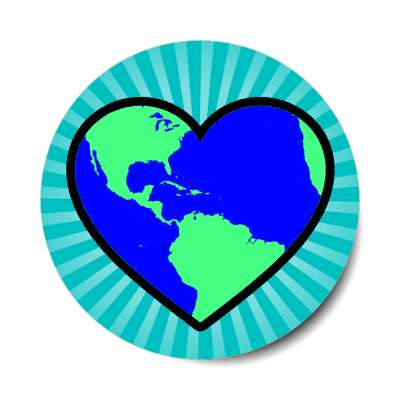 earth planet heart rays teal stickers, magnet