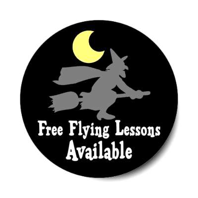 free flying lessons available moon witch broom stickers, magnet