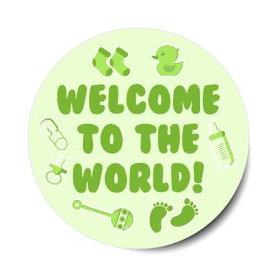 green welcome to the world baby footprints rattle pacifier pin bottle rubber ducky socks stickers, magnet