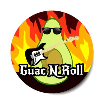 guac and roll rock and roll guacamole avacado guitar flames stickers, magnet