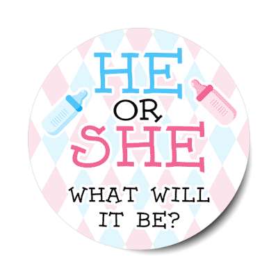 he or she what will it be baby bottles girl or boy gender reveal stickers, magnet