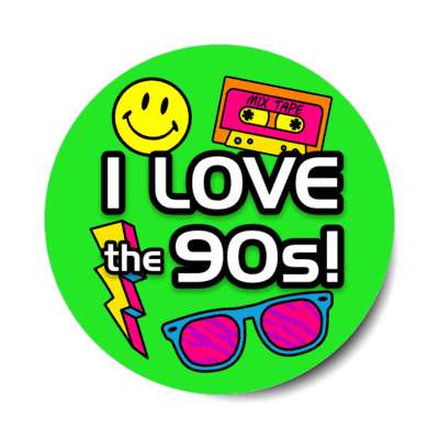 i love the 90s 1990s mix tape smile face face lightning bolt shades stickers, magnet