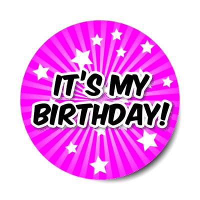 its my birthday magenta star burst rays stickers, magnet