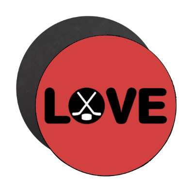 love hockey crossed sticks puck red stickers, magnet