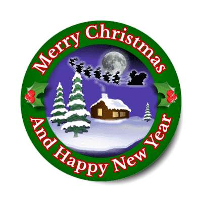 merry christmas and happy new year santa reindeer house snow forest holly stickers, magnet