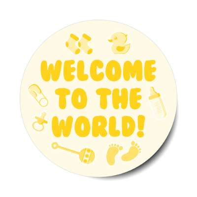 pale yellow welcome to the world baby footprints rattle pacifier pin bottle rubber ducky socks stickers, magnet