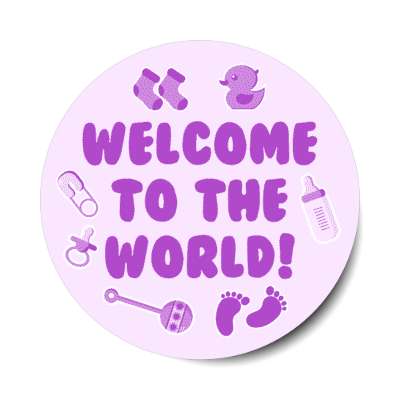 purple welcome to the world baby footprints rattle pacifier pin bottle rubber ducky socks stickers, magnet