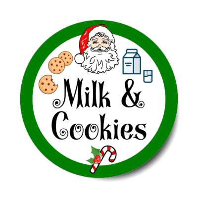 santa claus milk and cookies candy cane holly green border stickers, magnet