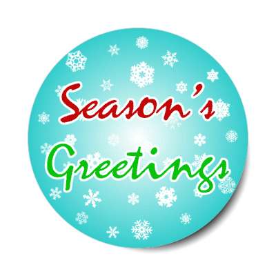 seasons greetings cursive aqua snowflakes stickers, magnet