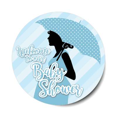 welcome to our baby shower blue stripes pregnant woman silhouette stickers, magnet