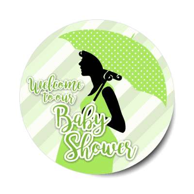 welcome to our baby shower green stripes pregnant woman silhouette stickers, magnet