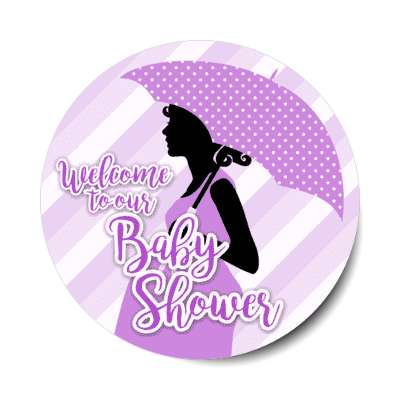 welcome to our baby shower purple stripes pregnant woman silhouette stickers, magnet