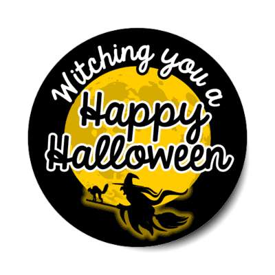 witching you a happy halloween scaredy cat broom moon pun stickers, magnet